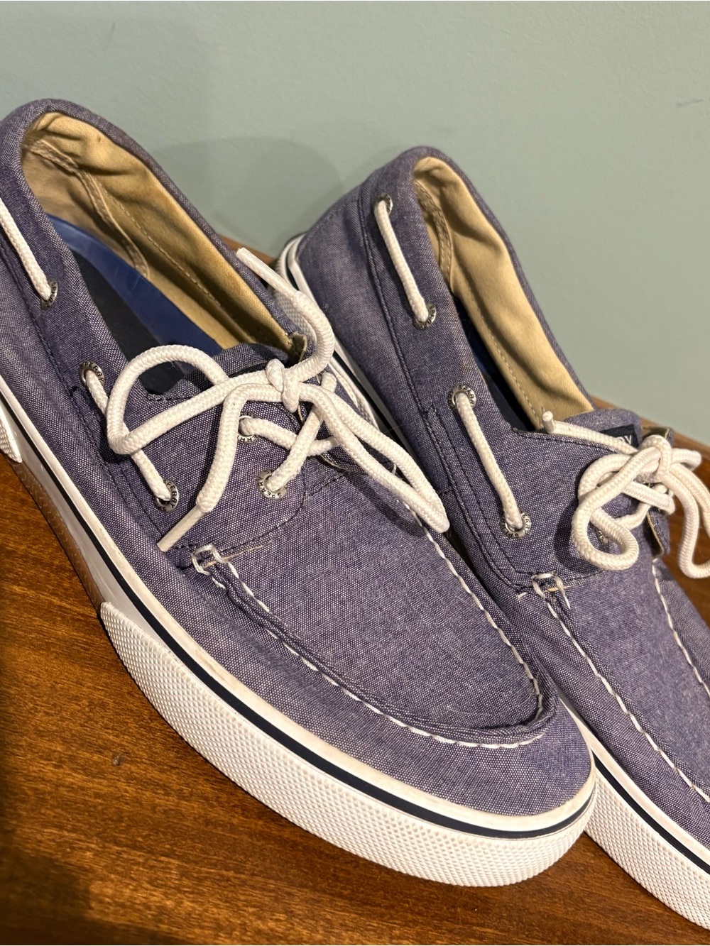 Sperry blue Chambray Canvas Boat Shoes with White Laces